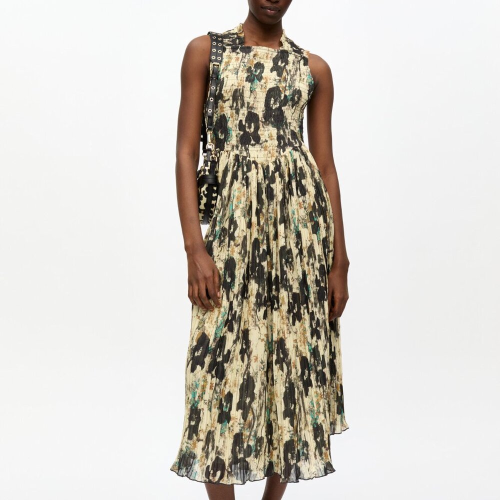 Ganni  Floral Smocked Pleat Midi-Dress